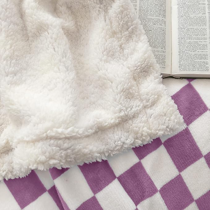 LOMAO Sherpa Throw Blanket Fleece Blanket with Checkered Pattern Soft Thick Blanket for Couch, Bed, Sofa Luxurious Warm and Cozy for All Seasons (Purple, 60"x80")