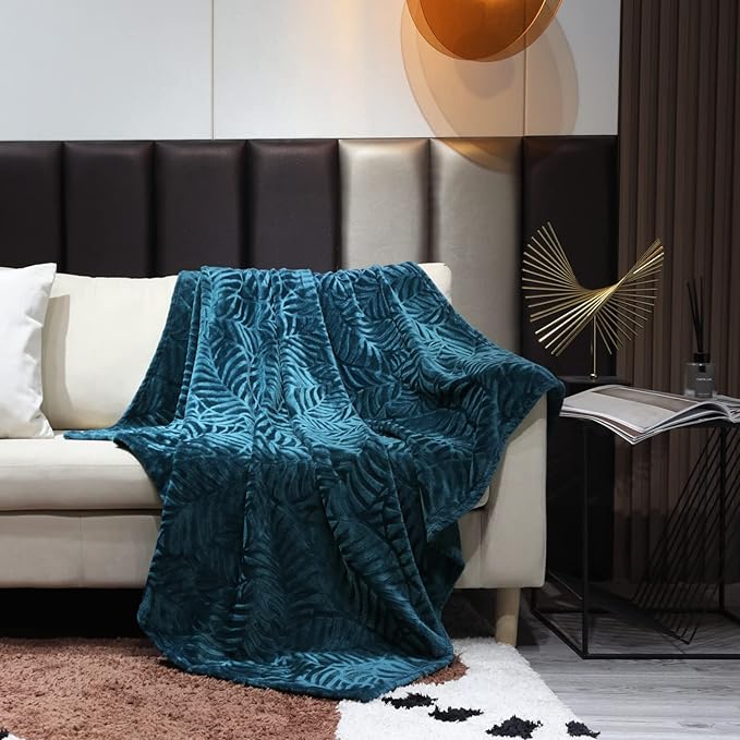 SOCHOW Super Soft Flannel Fleece Throw Blanket, Lightweight Cozy Warm Leaves Textured Plush Blanket for Bed Couch Sofa, 60 x 80 Inches, Blue Coral