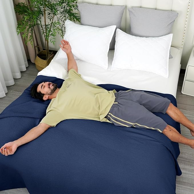 PHF Pre-Washed Cotton Waffle Weave Blanket Twin Size for Bed,Snag Proof Throw for Couch Spring Summer Lightweight Breathable,Oeko-TEX Certified,Machine Washable,Home Decor Gift-Bright Navy Blue
