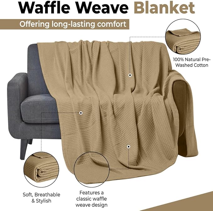 100% Cotton Blankets Throw Size for Bed - Waffle Weave Blankets for Summer, Lightweight and Breathable Soft Woven Blanket for Spring (Beige, Throw (50" x 60")