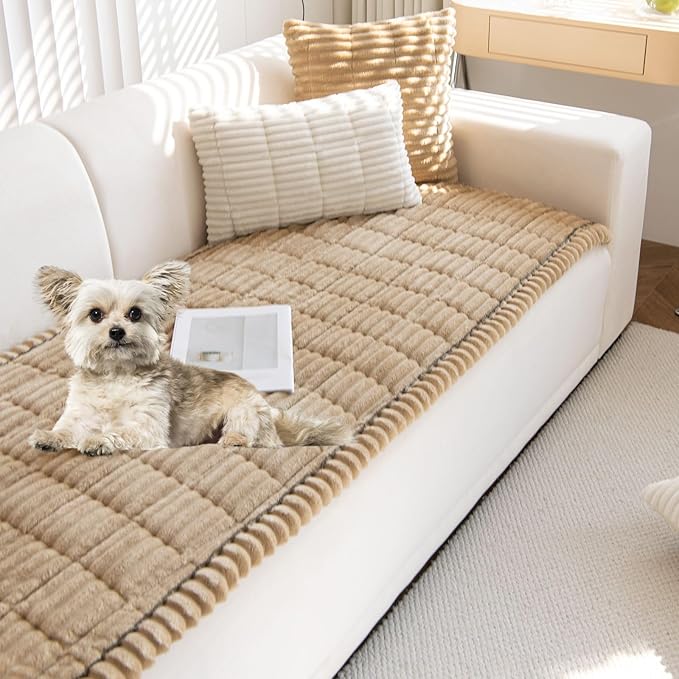 Faux Fur Plush Dog Couch Cover 3D Stripe Fuzzy Sofa Cover Non-Slip Fluffy Dog Bed Cover Pet Blanket Sofa Couch Furniture Protector for Puppy Large Dog Cat (Coffee,28"x59")