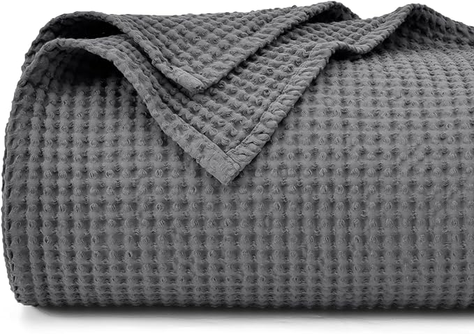 PHF Pre-Washed Cotton Waffle Weave Blanket Queen Size for Bed,Snag Proof Throw Blanket for Couch Spring Summer Lightweight Breathable,Oeko-TEX Certified,Machine Washable, Home Decor Gift,Charcoal