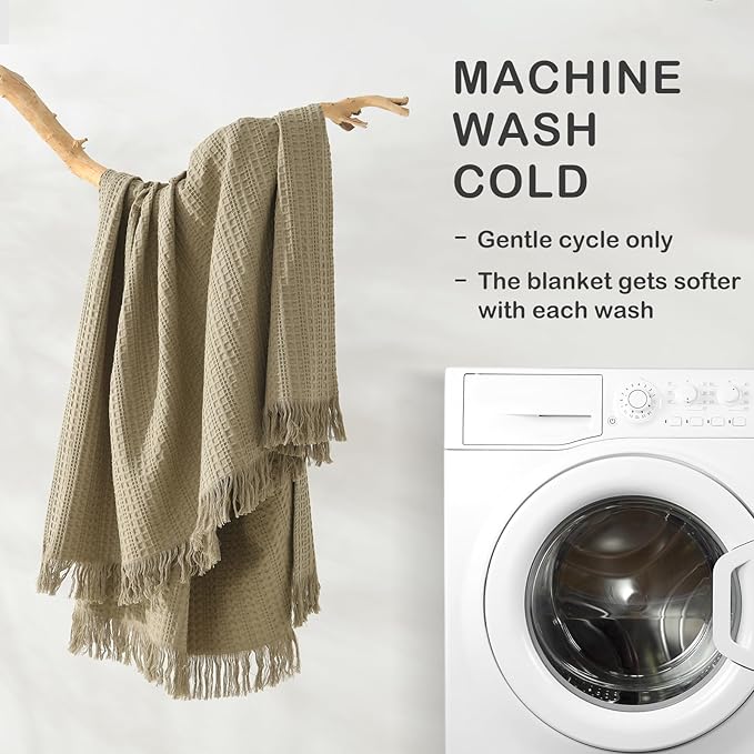 100% Cotton Waffle King Blanket with Fringe 104"x90", Pre-Washed Waffle Weave Blanket for All Season, Lightweight Breathable Soft Cozy Throw Blanket for Couch, Bed, Travel (Sage Green)