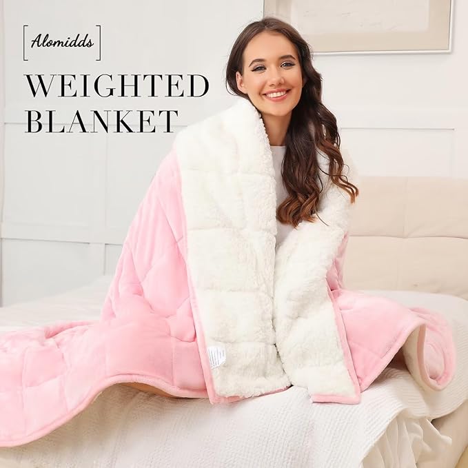 Alomidds Sherpa Fleece Weighted Blanket for Adults(15lbs Twin Size) Heavy Blanket with Fluffy Warm Thick Sherpa & Cozy Soft Flannel Snuggle Great for Sofa Bed Calming, 48x72 inches, Pink