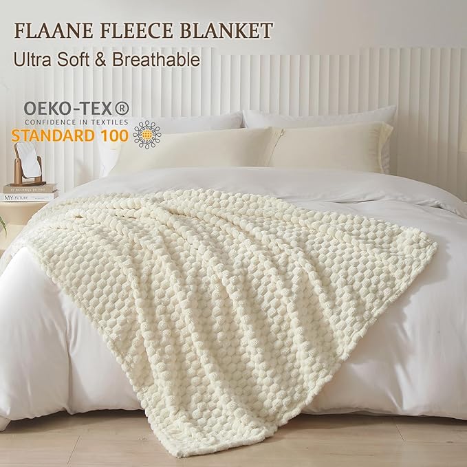 PHF Ultra Soft Flannel Fleece Throw Blanket, Lightweight 3D Jacquard Fleece Blanket, No Shedding, No Pilling, Luxury 340GSM Aesthetic Fluffy Cozy Throws for Couch Room Decor, 50"x60", Cream