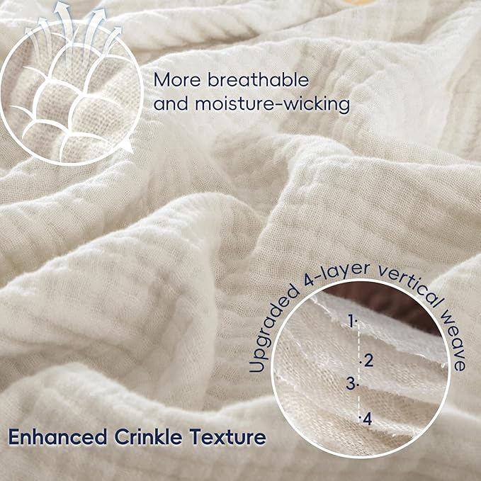 PHF 100% Cotton Muslin Blanket King Size 108" x 90", 4-Layer Lightweight and Breathable Blanket for Summer, Luxuriously Soft Gauze Bedding for Bed, Natural Minimalism Style, Ideal Gift, Oat Milk