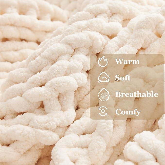 Cream White Throw Blanket, 50" x 60" Chunky Knit Blanket, Handmade Warm & Soft Chenille Throw Blanket, Washable Decorative Knit Blanket with Jumbo Chenille Yarn for Couch Bed Sofa