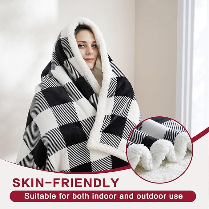 PU MEI Sherpa Fleece Throw Blanket 80" x 90" Reversible Plush Fluffy Large Big Blanket Lattice Flannel Blankets for All Season Use, Black and White