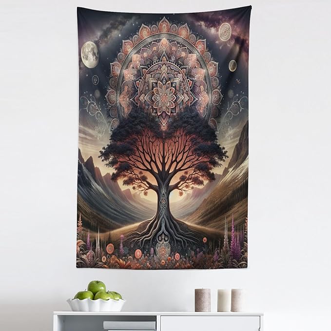 Ambesonne Hippie Tapestry, Scandi Myth Tree of Life and Trippy Floral Motif with Space Landscape, Fabric Wall Hanging Decor for Bedroom Living Room Dorm, 30" X 45", Dark Slate Blue Indigo