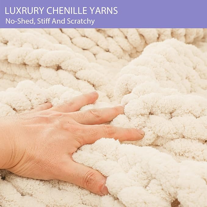 Bigacogo Chunky Knit Throw Blanket for Couch, 40x40 inches, 100% Hand Knitted with Thick Jumbo Chenille Yarn, Cozy Soft Large Rope Knot Cable Crochet Blankets for Sofa Bed Living Room, Beige