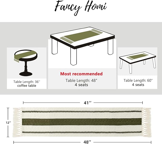 Fancy Homi Olive Green Table Runner 48 Inches Long Boho Macrame Table Runner for Home Decor, Farmhouse Table Runners with Tassels for Party Bohemian Rustic Bridal Shower Dining Decor 12x48 Inches
