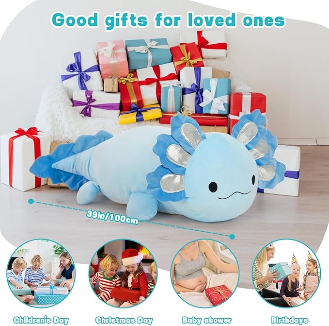 Jumbo Axolotl Plush Toy, 39" Giant Axolotl Stuffed Animal Plush, Big Blue Toys Gift for Girls Kids, Long Squishy Pillow for Holiday Birthday Christmas
