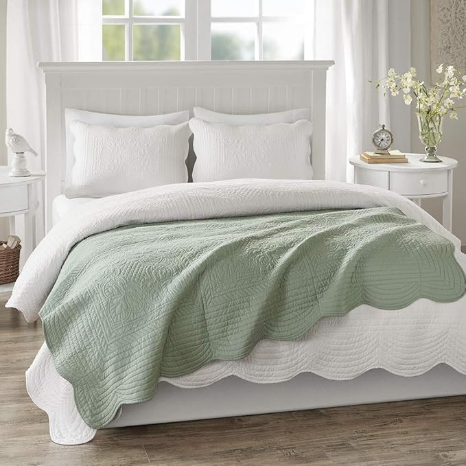 Madison Park Cotton Filled Spread, Ultra Soft, Cozy Living Room Couch, Sofa, Bed Luxe Quilted Throw Blanket-Damask Stitching Design, 60x72, Scalloped Edges Seafoam
