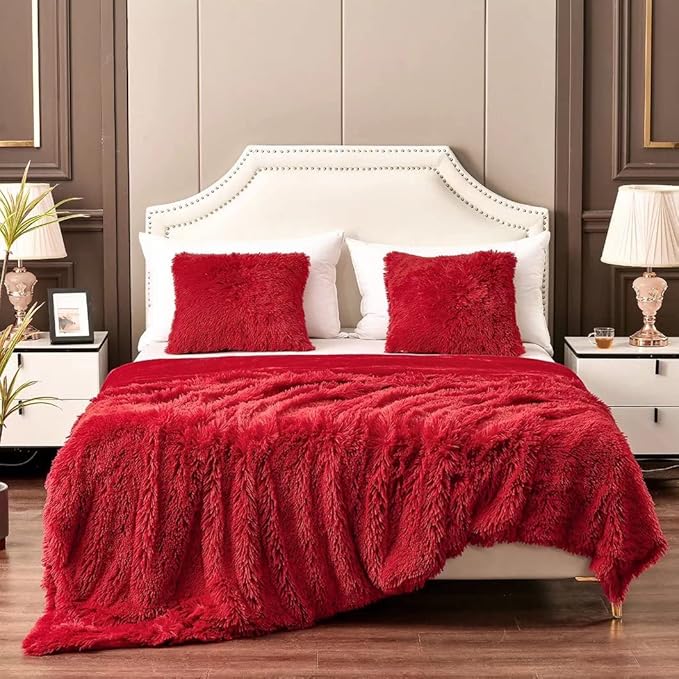 YUSOKI Red King Faux Fur Blanket,2 Layers,90"x104",Without Pillows Big Soft Plush Fuzzy Large Warm Fluffy Blanket for Bed