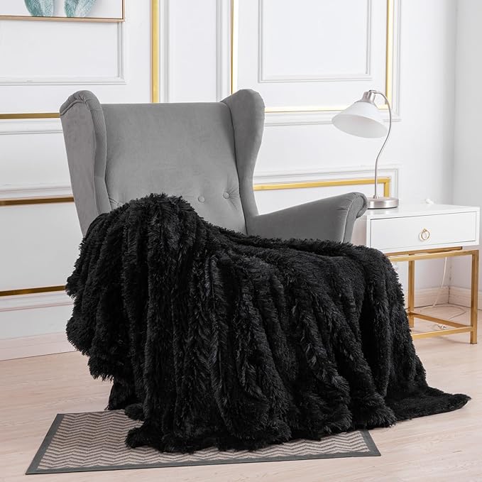 YUSOKI Black Faux Fur Throw Blanket,2 Layers,50" x 60", Soft Fuzzy Fluffy Plush Furry Comfy Warm Cozy Blanket for Couch Bed Chair Sofa Bedroom Mens Gift