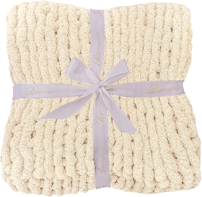 Bigacogo Chunky Knit Throw Blanket for Couch, 40x40 inches, 100% Hand Knitted with Thick Jumbo Chenille Yarn, Cozy Soft Large Rope Knot Cable Crochet Blankets for Sofa Bed Living Room, Beige