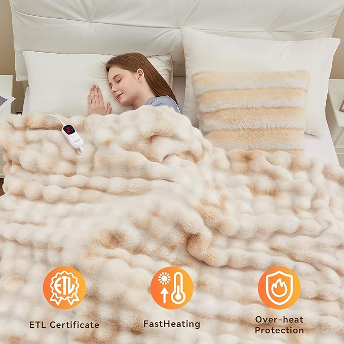 Heated Blanket Throw with 1/2/4/6/8 Hours Auto-Off 10 Heat Level, 62'' * 84'' Cozy Faux Rabbit Fur Bubble Electric Blanket with Overheat Protection(Beige)