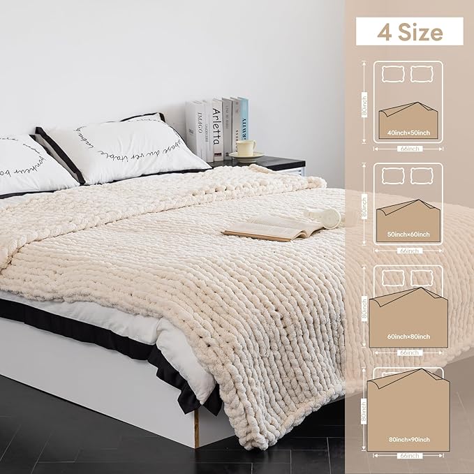 Chunky Knit Blanket - Luxury Soft Cozy King Size(60 * 80) Throw Blanket,100% Woven Blanket Rope Knot Throw Blanket for Couch, Sofa, Home Decor, Gift - Machine Washable(Cream)