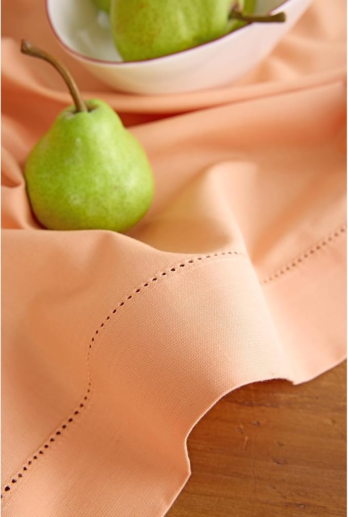 Solino Home Cotton Linen Table Runner 90 Inches Long - Hemstitch Peach Bloom Dining Table Runner 14 x 90 Inch for Summer