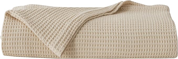 100% Cotton Blanket for King Size Bed - Tan Waffle Weave Lightweight Summer Bed Blanket - 102x90in Prewashed Breathable, Woven, Layering Blanket (King, Oatmeal)