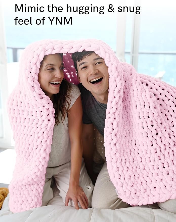 YnM Chunky Throw Blanket, Medium-Weight, Hand Knitted with Chenille Yarn, Skin Friendly, Ventilated and Breathable, Machine Washable, Home Décor Piece for Couch, Sofa and Bed (Petal Pink, 60x80 Inch)