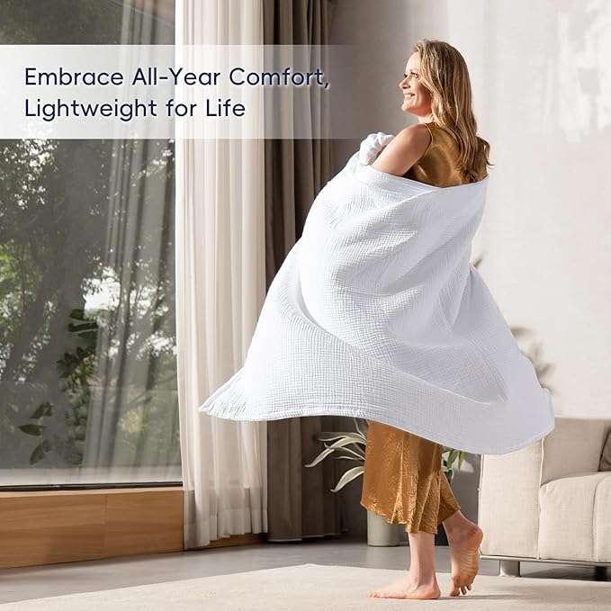 PHF 100% Cotton Muslin Throw Blanket Large 50" x 70", 4-Layer Lightweight and Breathable Blanket for Summer, Luxuriously Soft Gauze Throws for Couch, Natural Minimalism Style, Ideal Gift, White