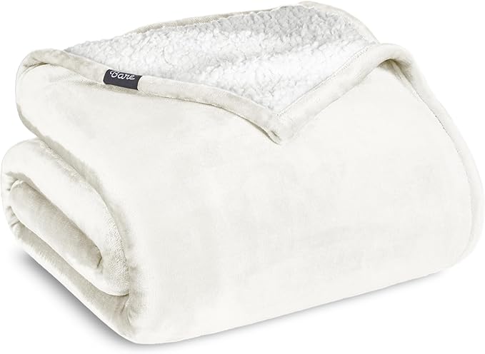 Bare Home Sherpa Fleece Blanket - Full/Queen Size - Blanket for Bed, Sofa, and Couch - Warm & Lightweight - Fluffy & Soft - Reversible (Full/Queen, Cream)