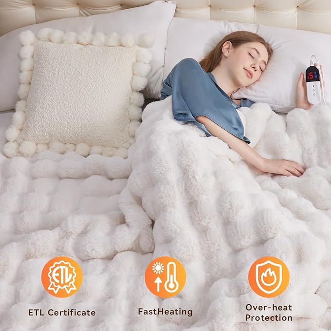 Heated Blanket Throw with 1/2/4/6/8 Hours Auto-Off 10 Heat Level, 62'' * 84'' Cozy Faux Rabbit Fur Bubble Electric Blanket with Overheat Protection(White)
