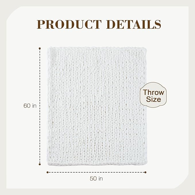 Carriediosa Chunky Knit Throw Blanket 50" X 60", 100% Hand Made Large Chenille Loop Yarn Soft Fluffy Throws for Couch Sofa Bed, Big Crochet Cozy Heavy Thick Cable Woven Blankets, Snow White