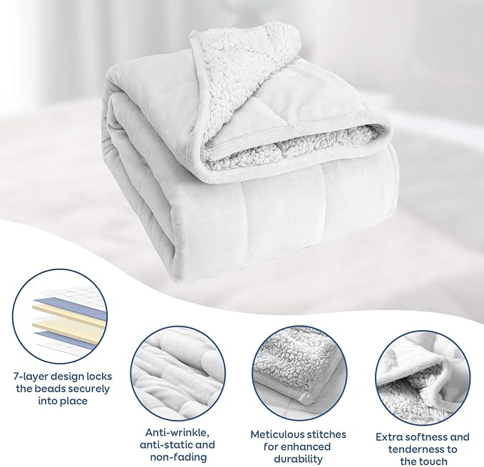 Cottonblue Weighted Blanket 15 lbs 60x80 inches, Queen Size Flannel and Shaggy Sherpa Warm Heavy Blanket, Great for Calming and Relax, Fluffy Soft Bedding Blanket, Snow White
