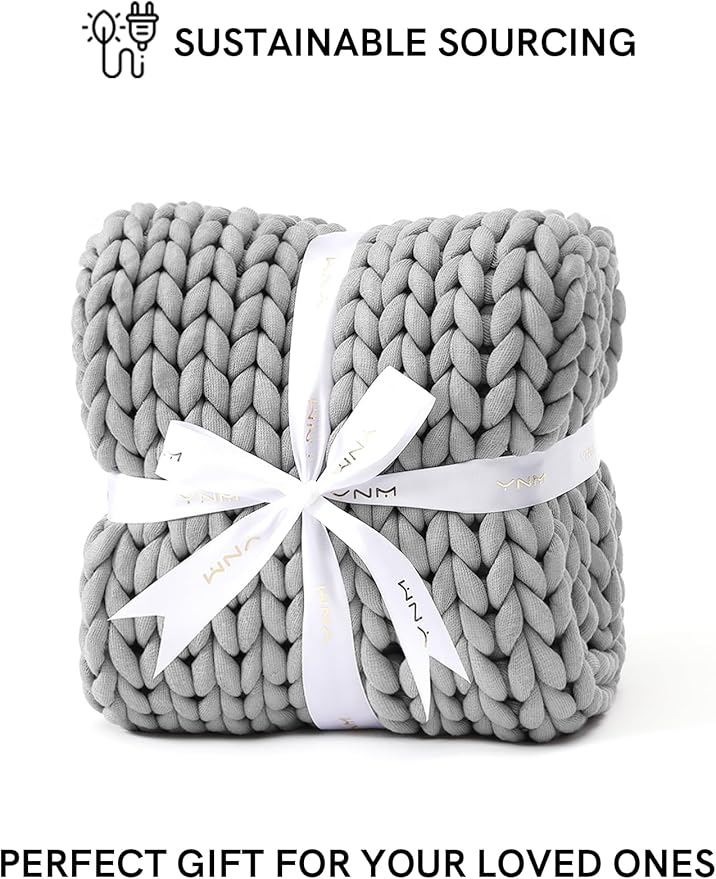 YnM Chunky Throw Blanket, Medium-Weight, Hand Knitted, Skin Friendly, Ventilated and Breathable, Machine Washable, Home Décor Piece for Couch, Sofa and Bed (Lunar Grey, 60x80 Inch)