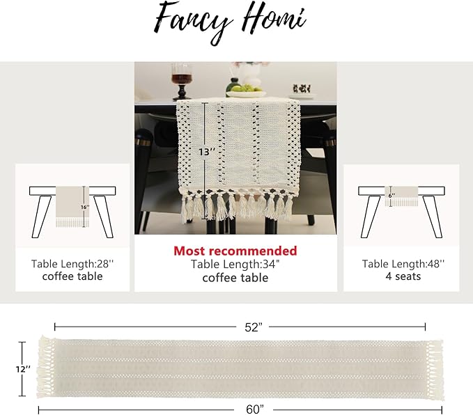 Fancy Homi Cream Table Runner 60 Inches Long Boho Macrame Ivory Table Runner for Home Decor, Farmhouse Table Runners with Tassels for Party Bohemian Rustic Bridal Shower Dining Decor 12x60 Inches