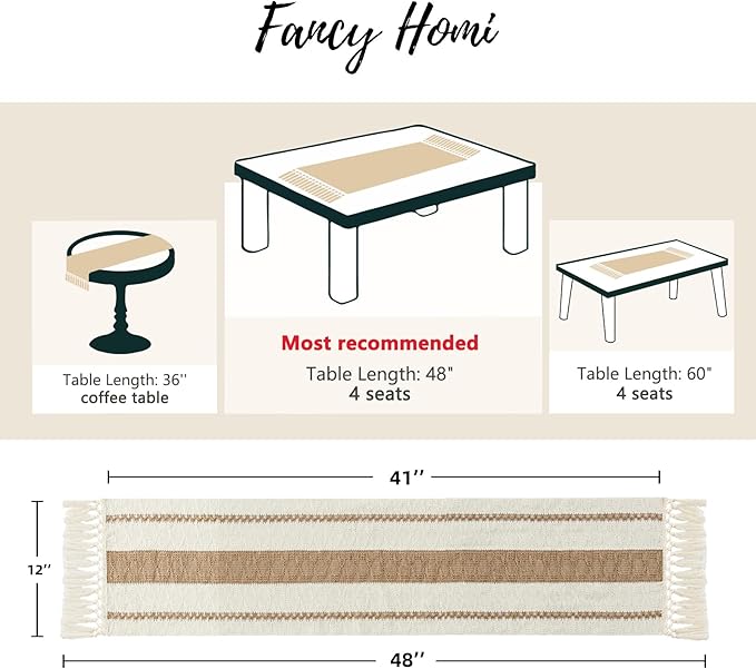 Fancy Homi Boho Table Runner 48 Inches Long Neutral Macrame Table Runner for Home Decor, Tan Farmhouse Table Runners with Tassels for Party Bohemian Rustic Bridal Shower Dining Decor 12x48 Inches