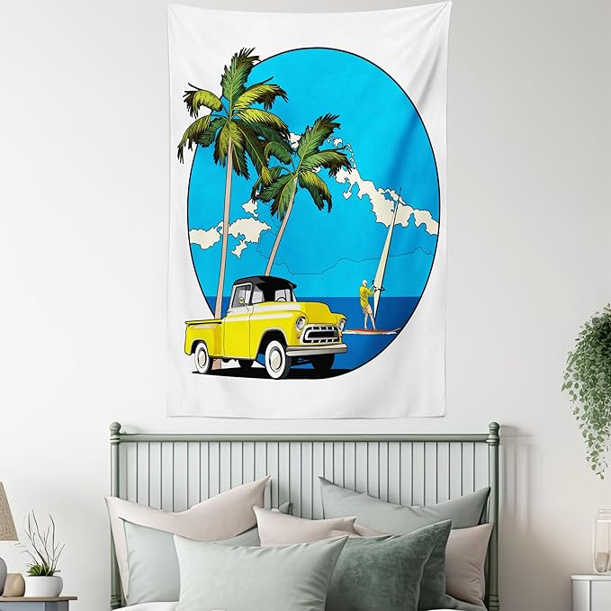 Ambesonne Retro Tapestry Queen Size, Graphic Design Nostalgic Chevy Car a Sailer Guy in the Ocean Palms Vivid Sky Seaside, Wall Hanging Bedspread Bed Cover Wall Decor, 88" X 88", White Blue