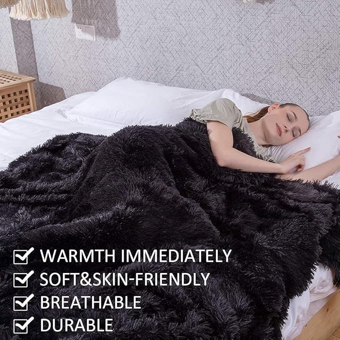 YUSOKI Twin Size Faux Fur Throw Blanket(Black,60" x 80"),Whithout Pillows,Winter Lightweight Plush Fuzzy Soft Cozy Microfiber Comfy Bed Blanket for Women Kids Girls Couch Sofa Washable