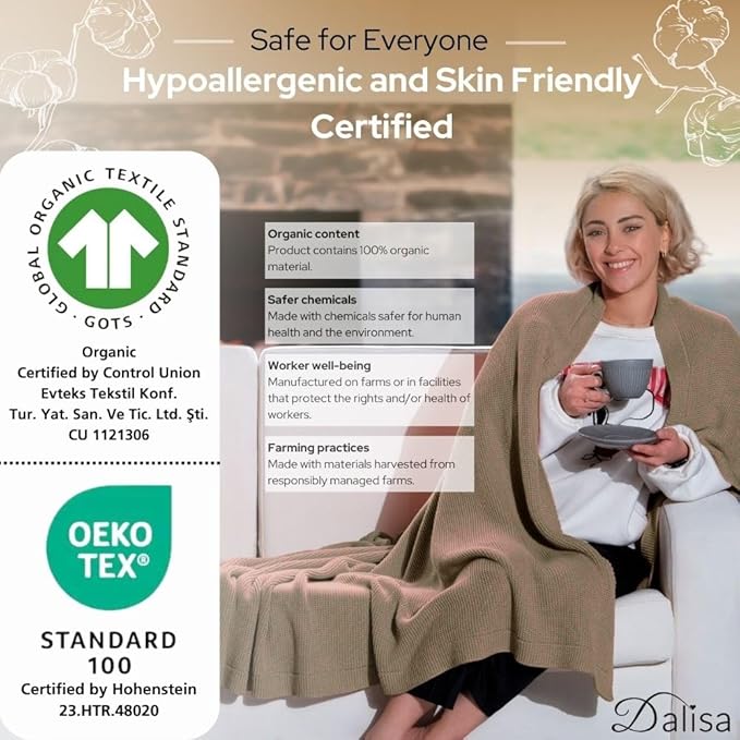 100% Organic Turkish Cotton Throw Blanket - GOTS Certified, Cozy - Perfect for Couch, Bed, and Home Decor - Boho Vintage Knit Alina (Mocha Meringue, 60x80)