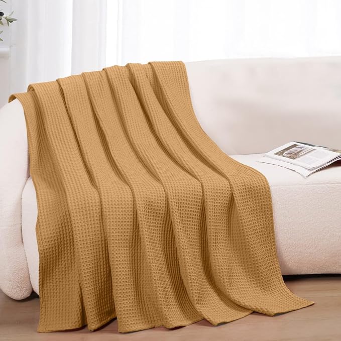 100% Cotton Blankets Queen Size for Bed - Waffle Weave Blankets for Summer, Lightweight and Breathable Soft Woven Blanket for Spring, White, 90x90 Inches (Orange, Queen (90" x 90"))
