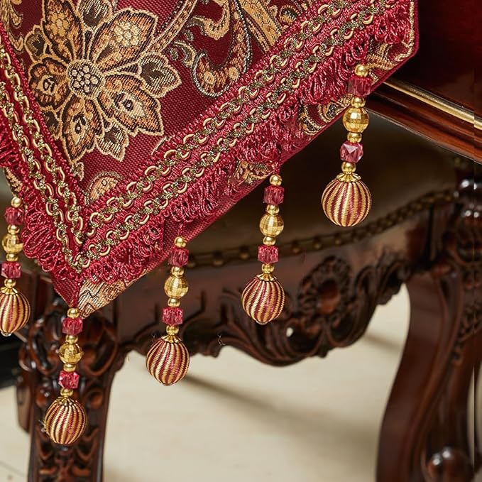 Luxury Vintage Design Table Runner 90 inches Long Embroidery Jacquard Fabric with Multi-Tassels Table Runners for Dining Room Dresser Christmas Thanksgiving Party Decorations (Red, 12X90inch)