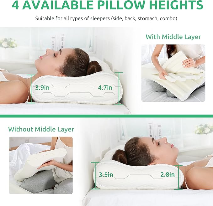 UTTU Cervical Pillow for Neck Strain Relief, Memory Foam Neck Pillow for Sleeping, Adjustable Orthopedic Sandwich Pillow, Contour Cooling for Side Back Stomach Sleeper, Queen(23.6"×14"×4.7"/3.9")