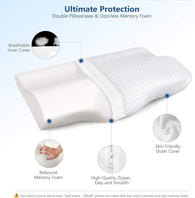 ZAMAT Memory Foam Pillow for Neck Pain Relief, Adjustable Orthopedic Ergonomic Cervical Pillow for Sleeping with Washable Cover, Bed Pillows for Side, Back, Stomach Sleepers