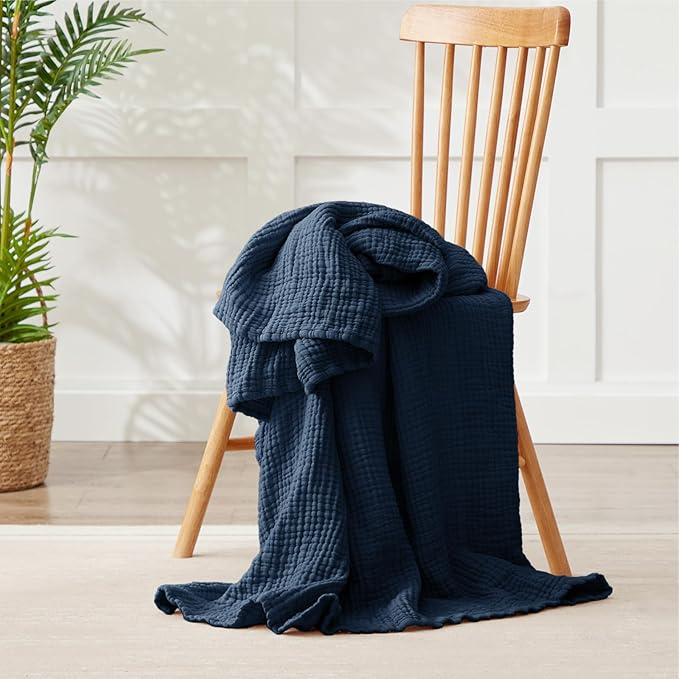 100% Cotton Muslin Blankets Twin XL 66" x 90", 6 Layers Breathable and Lightweight Twin Blanket for Bed, Soft Boho Coverlet Bedspread, Gauze Bedding for All Season, Navy