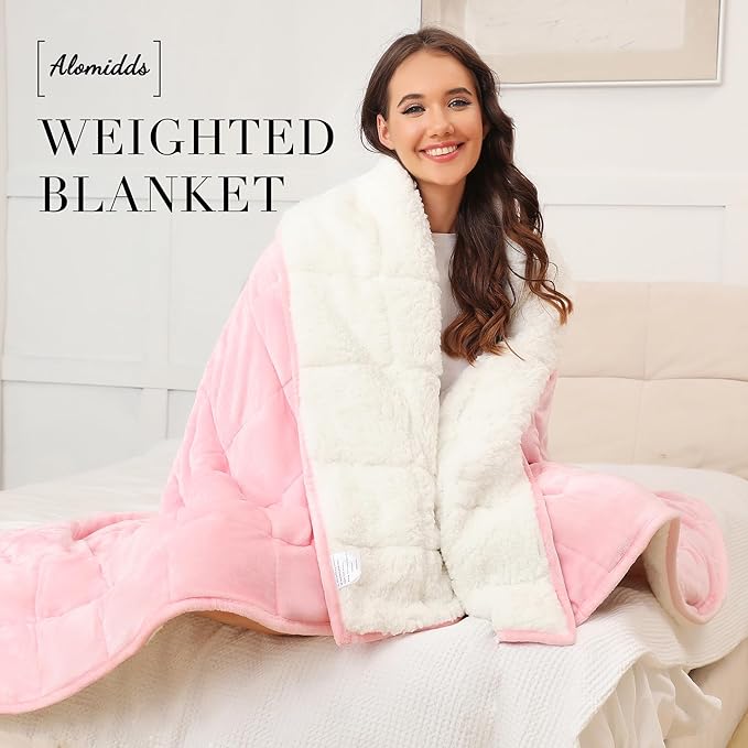 Alomidds Weighted Blanket Twin Size 20lbs 48x72 inches, Sherpa Weighted Blankets for Adults,Fluffy Warm Sherpa & Cozy Soft Flannel Snuggle Thick Heavy Blanket Great for Calming and Relaxing, Pink