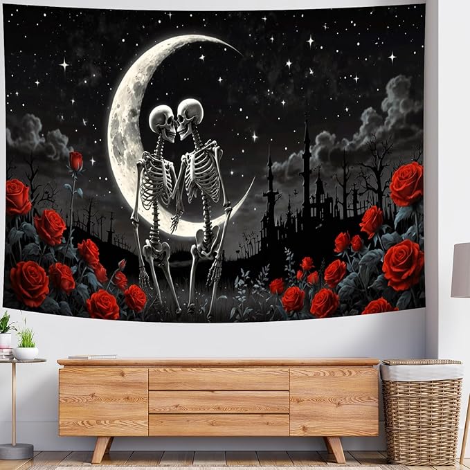 Delur The Lovers Skull Tapestry Gothic Black and White Romantic Constellation Skeleton Tapestry Floral Abstract Psychedelic Wall Hanging Headboard for Bedroom Living Room Home Decor (70.8" x 92.5")
