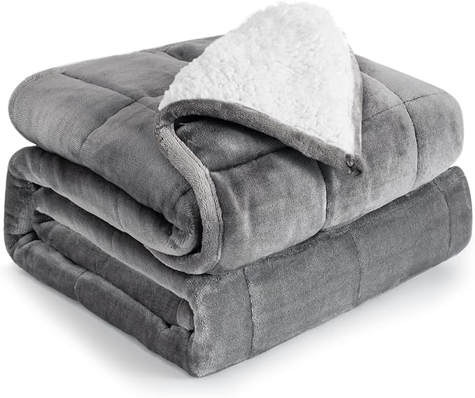 Cottonblue Sherpa Fleece Weighted Blanket 12lbs, Flannel Cozy Plush Bed Throw, Fuzzy Sherpa Flannel Bedding Blankets Throw, Minky Soft Blankets for Sofa Bed, 48 x 72 inches, White Grey