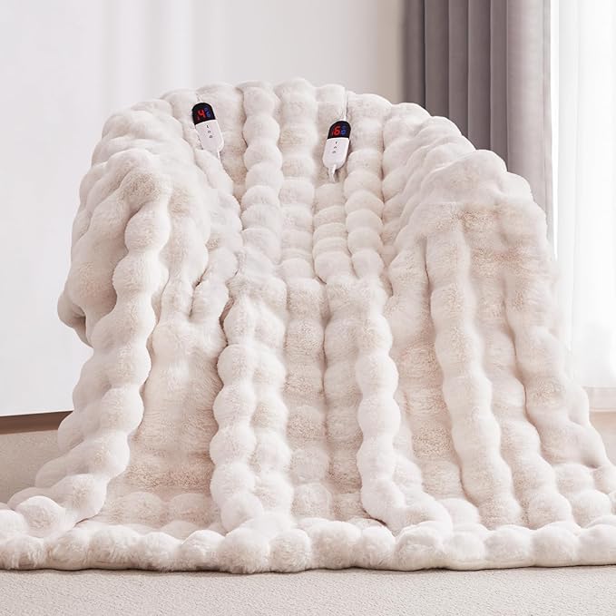 Heated Blanket Throw with 1/2/4/6/8 Hours Auto-Off 10 Heat Level, 90'' * 100'' Cozy Faux Rabbit Fur Bubble Electric Blanket with Overheat Protection(White)