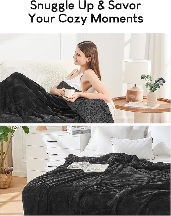 Cottonblue Weighted Blanket 20lbs for Queen Ded - Ultra Soft, Cozy Comfort Sherpa Blanket for Relax and Sleep, Heavy Bed Blankets with Cemaric Beads, 60x80 Inches,Black
