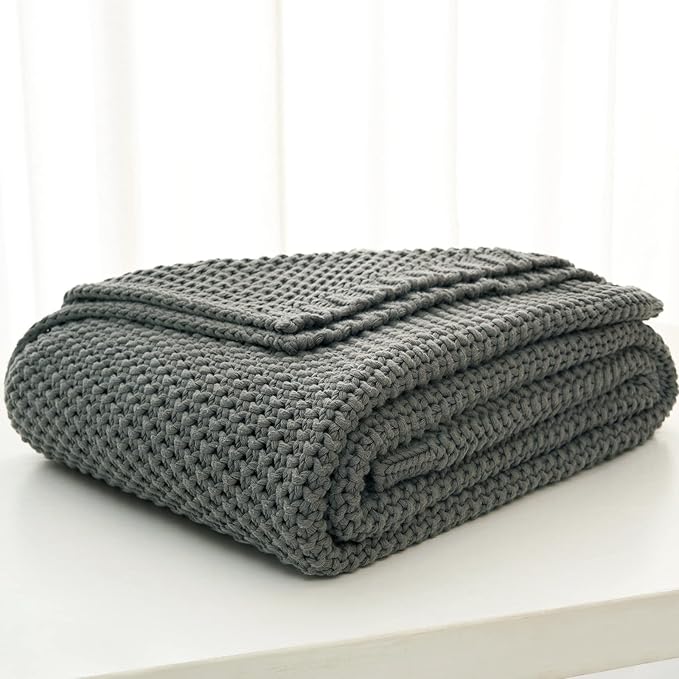 Longhui bedding Chunky Cable Knit Throw Blanket Lightweight Grey 100% Organic Cotton Blanket for Sofa Couch Bed Baby Nursery, Rustic Shabby Chic Modern Farmhouse, Gray 60” x 80” Give Laundering Bag