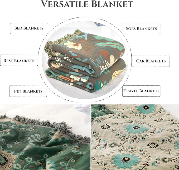Green Boho Throw Blankets for Bed Sofa,100% Cotton Muslin Mexican Blankets 60"x80",Ultra Soft Reversible Farmhouse Blanket Decor for Travel,Picnic