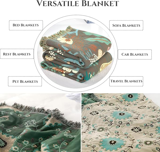 Floral Printed Throw Blankets for Bed Home Decor, 100% Cotton Soft Cozy Boho Quilts Blankets 80"x90",Lightweight Farmhouse Blanketsfor Armchair,Soaft,Couch,Picnic