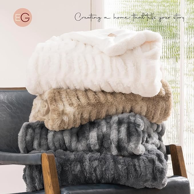 EVERGRACE Luxurious Soft Faux Rabbit Fur Throw Blanket, Cozy Fuzzy Plush Warm Throws for Couch Bed Sofa Chair Home Decor, Ruched Bubble Fluffy Blanket with Reversible Velvet, 60" x 80", Ivory White